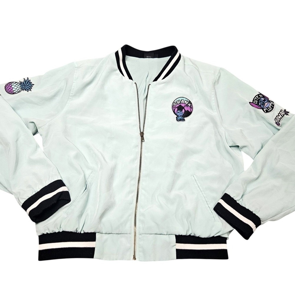 Disney Lilo & Stitch Bomber Jacket Womens XL Mint Green Embroidered Patch Ohana